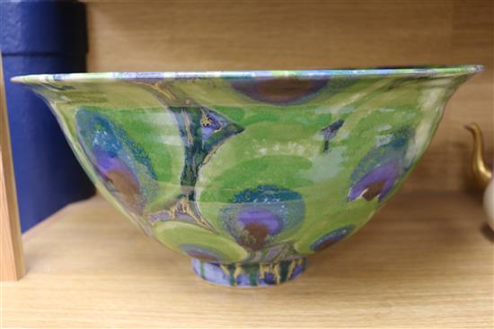 A Dartington Pottery Peacock design large bowl by Janice Tchalenko, Dia 42cm